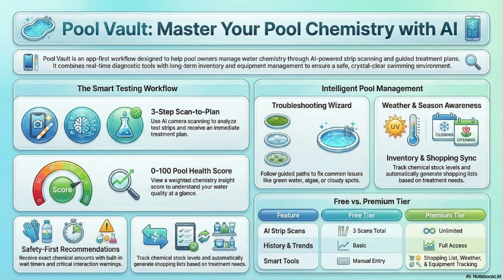 Pool Vault feature overview showing AI scan workflow, health score, safety recommendations, and premium comparison