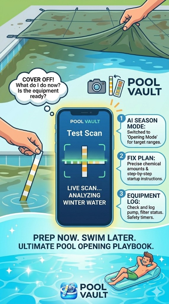 Pool opening playbook illustration showing Pool Vault scan workflow and spring startup steps