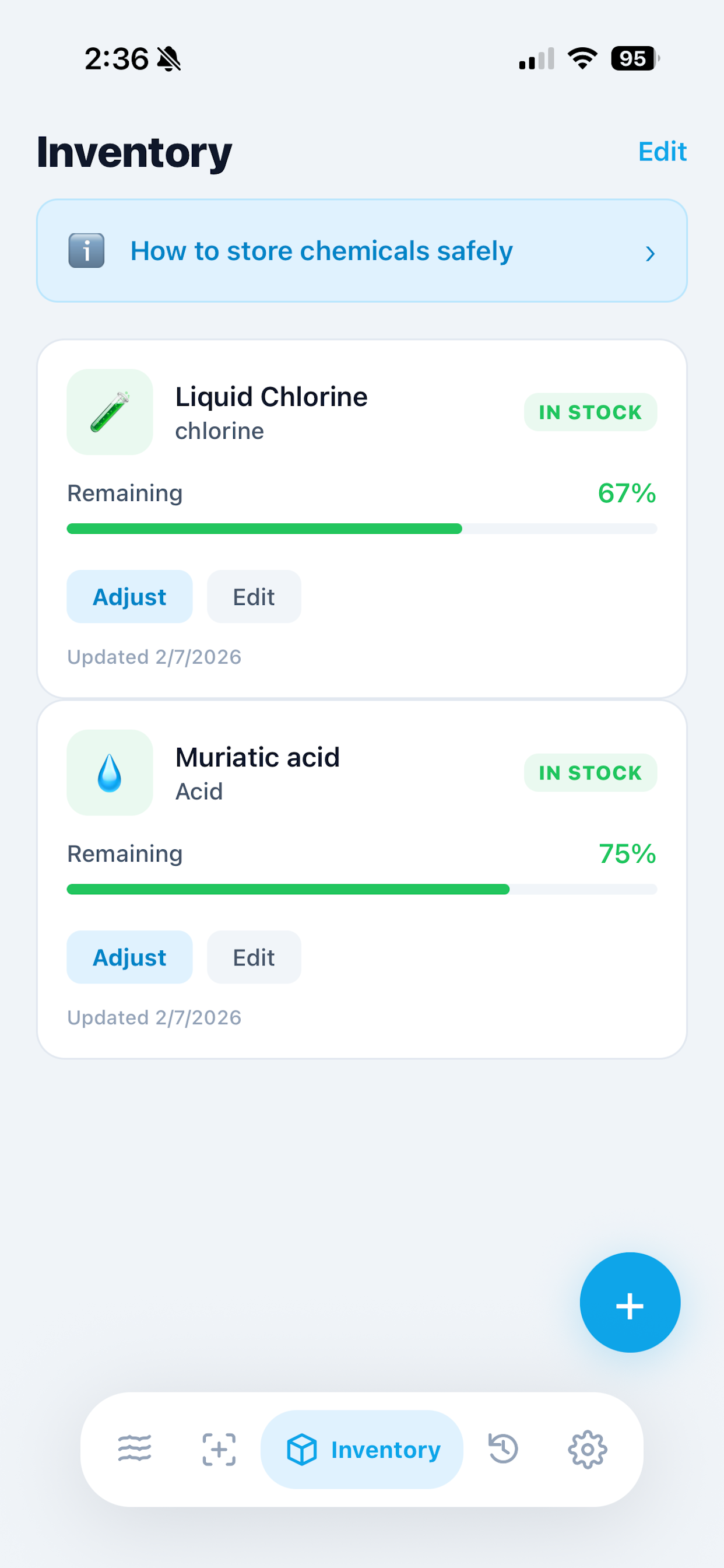Pool Vault Chemical Inventory screen