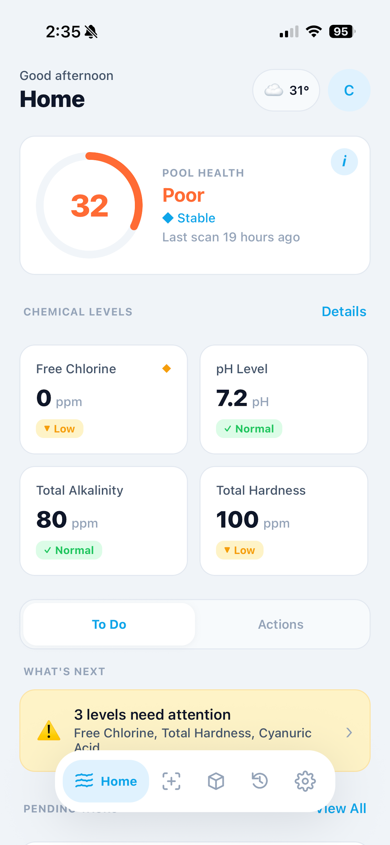 Pool Vault dashboard showing pool health score, chemical levels, and quick actions